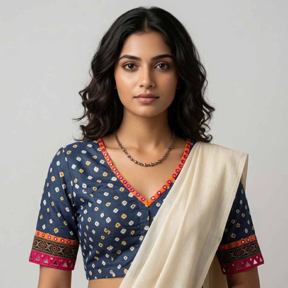Prussian Blue Grey Bandhani Readymade Blouse with Mirror Work | Godhuli