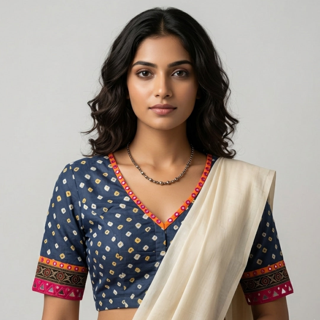 Prussian Blue Grey Bandhani Readymade Blouse with Mirror Work | Godhuli