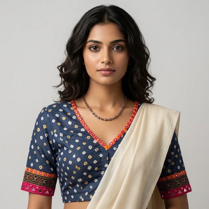 Prussian Blue Grey Bandhani Readymade Blouse with Mirror Work | Godhuli