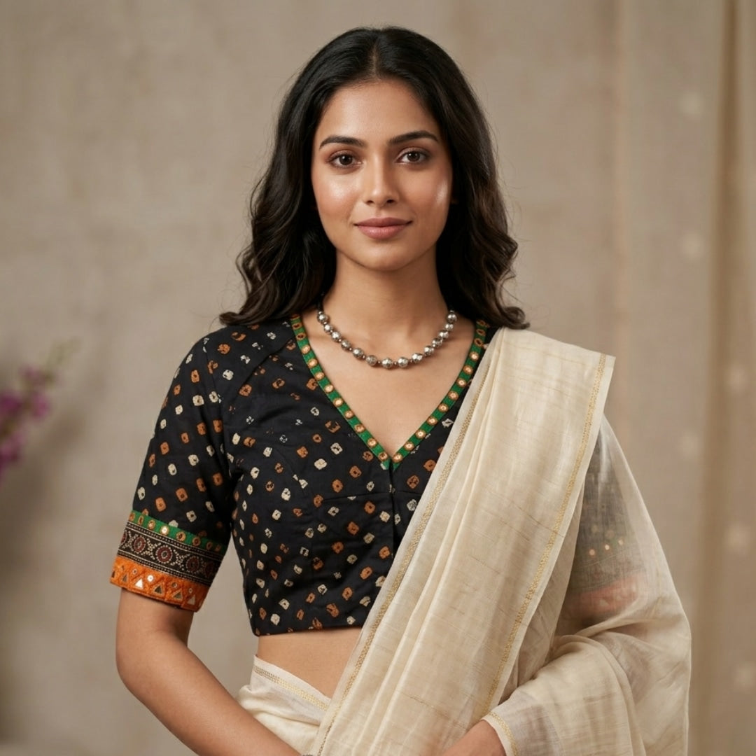 Jade Black Bandhani Readymade Blouse with Mirror Work | Godhuli