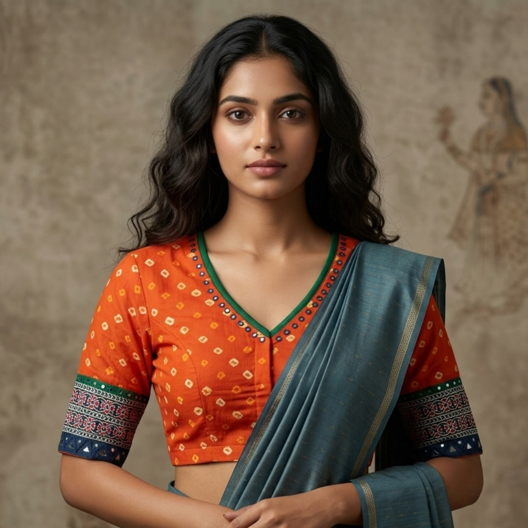 Tangerine Bandhani Readymade Blouse with Mirror Work | Godhuli