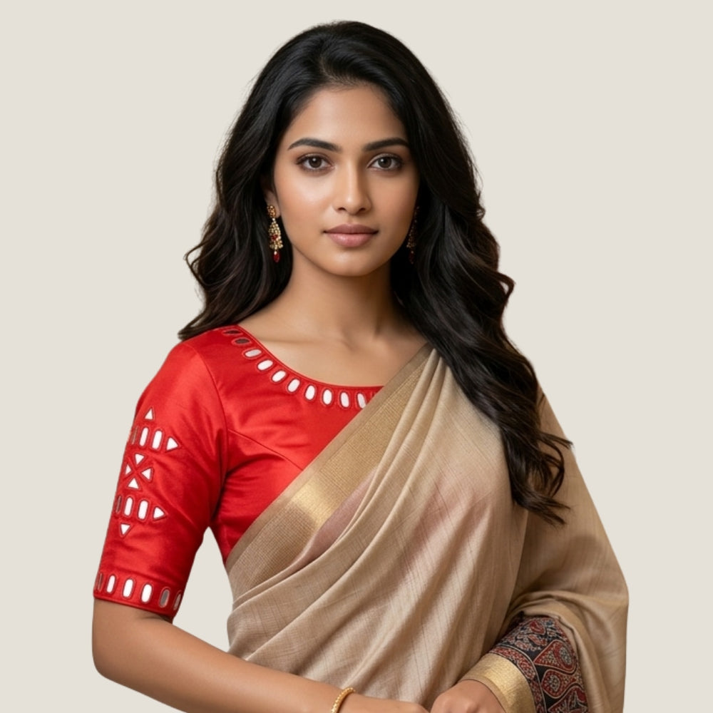 Red Gaji Silk Mirror Work Readymade Blouse | Godhuli