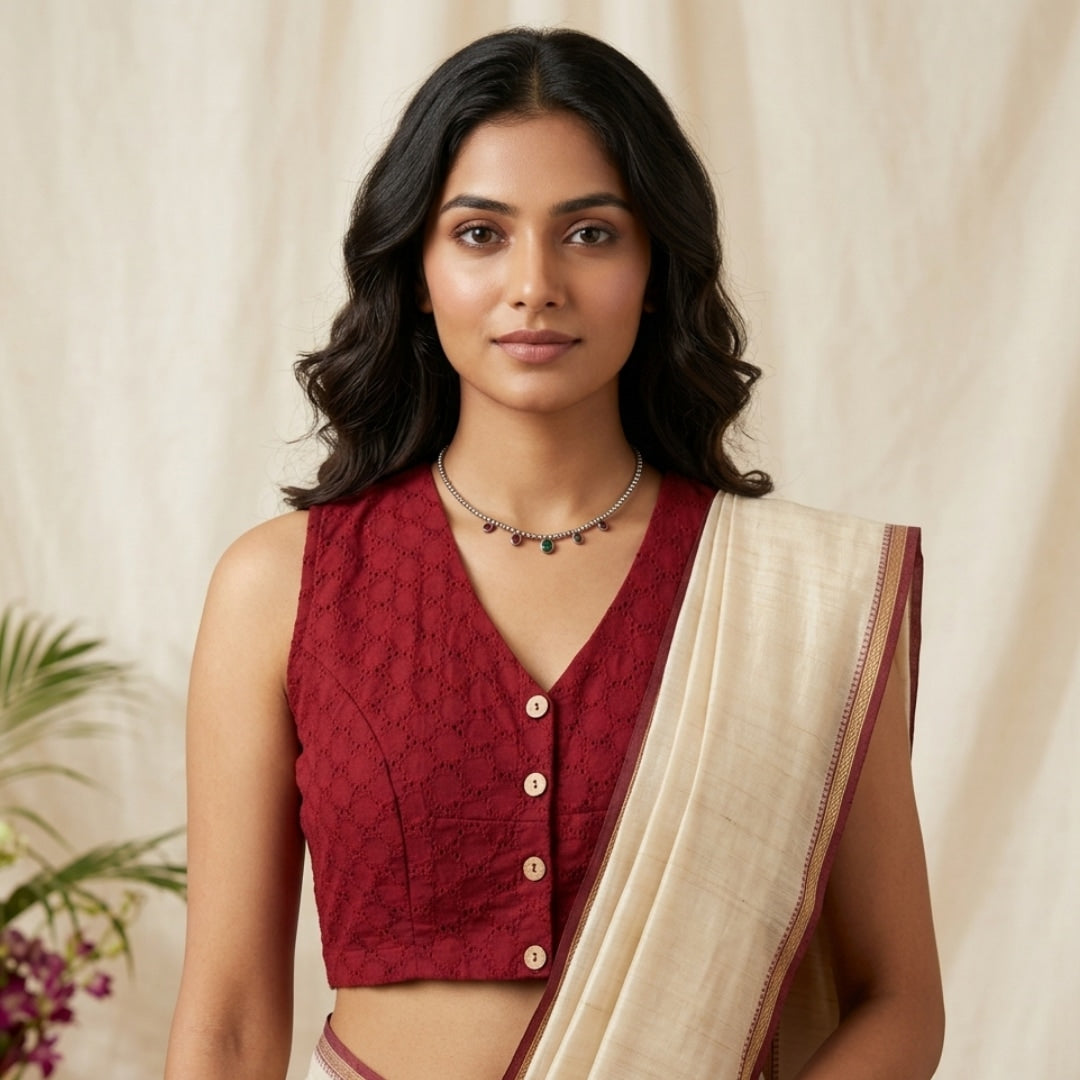 Maroon Cut Work Sleeveless Readymade Blouse | Godhuli