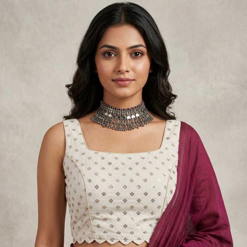 Sequins Embroidered Ivory Readymade Blouse | Godhuli