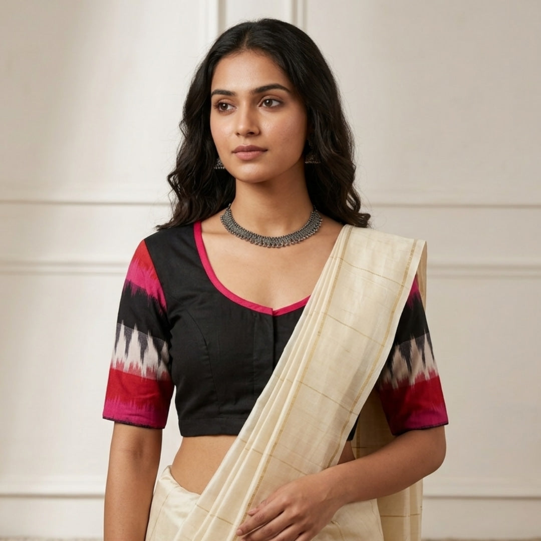 Black Blouse with Pink Red Ikat Readymade Blouse | Godhuli