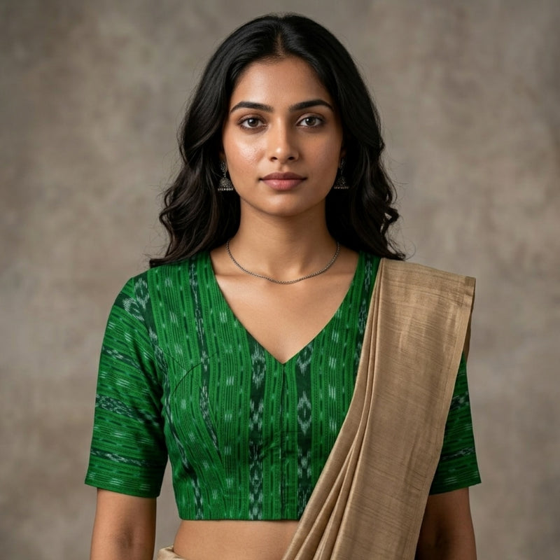 Moss Green Mercerised Ikat Readymade Blouse | Godhuli