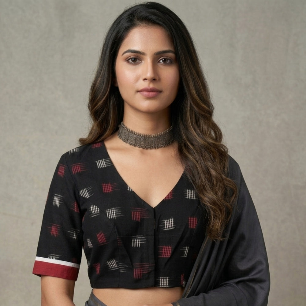 Black Double Ikat Readymade Blouse with White Red Motif | Godhuli