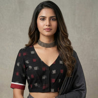 Black Double Ikat Readymade Blouse with White Red Motif | Godhuli