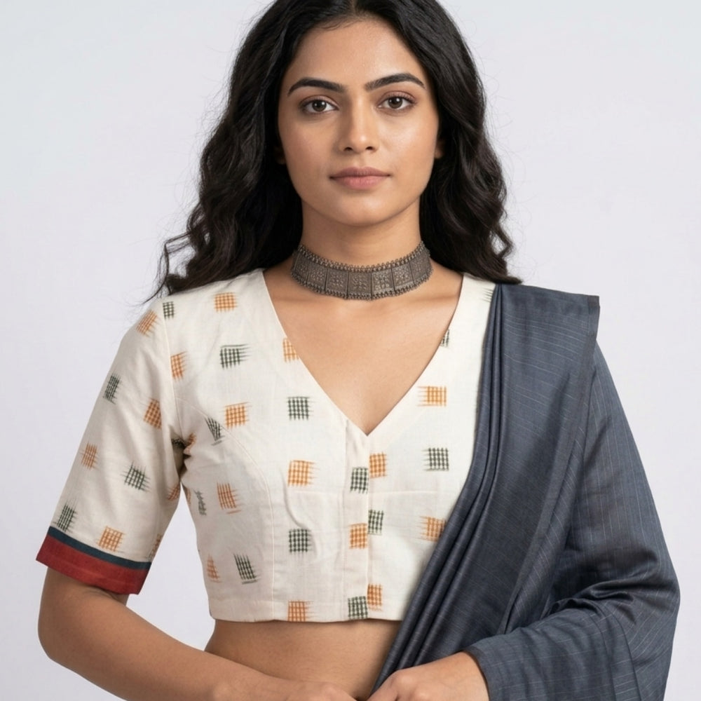 Off White Double Ikat Readymade Blouse with Mustard Green Motif | Godhuli