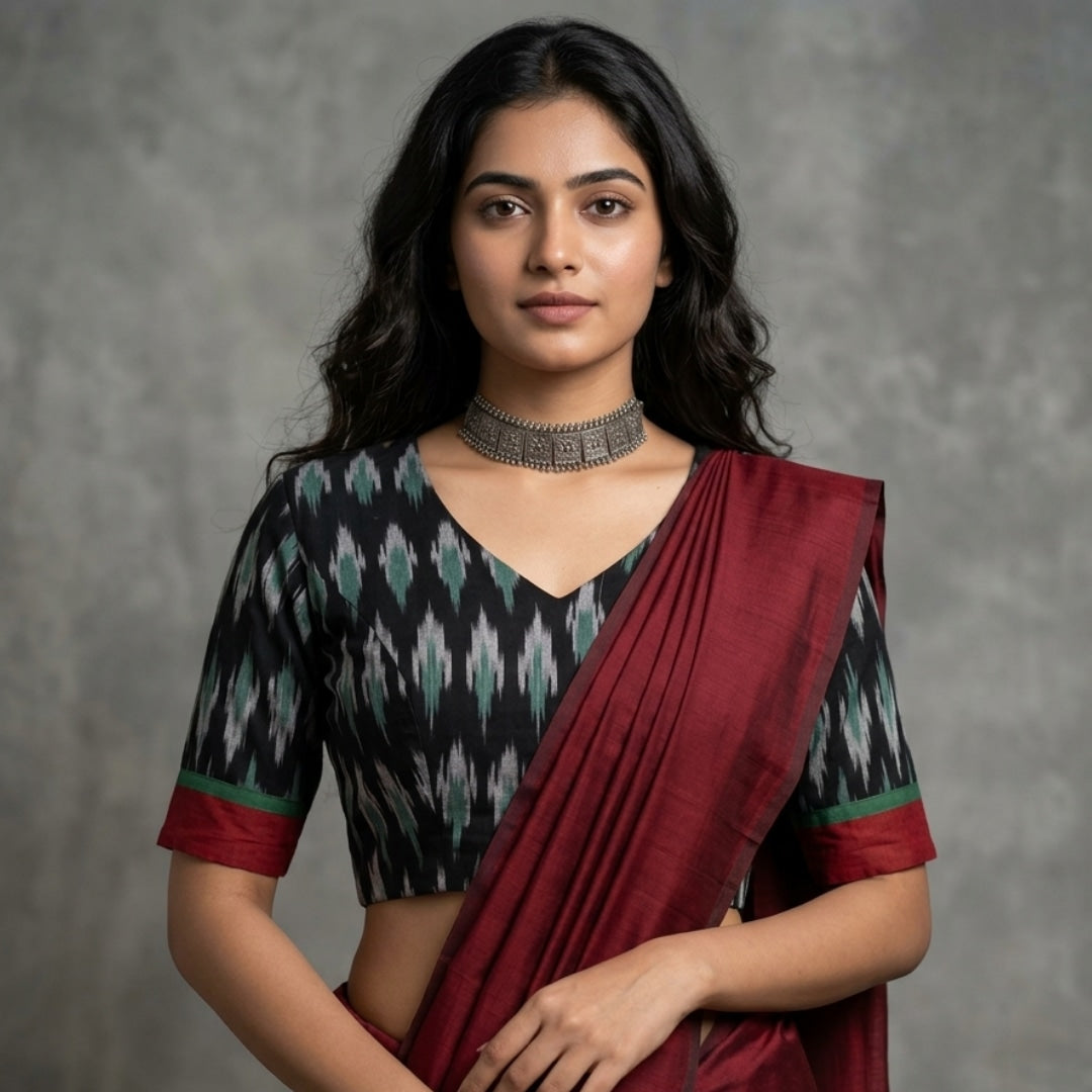 Black Double Ikat Readymade Blouse with Red Green Border | Godhuli