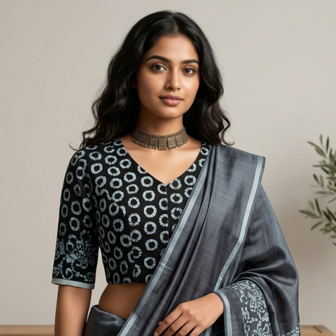 Black Batik Circle Print Readymade Blouse | Godhuli