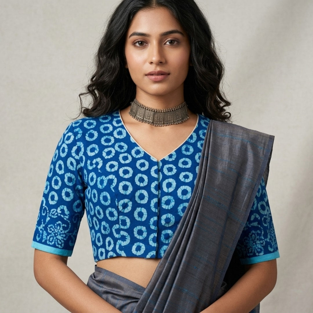 Blue Batik Circle Print Readymade Blouse | Godhuli