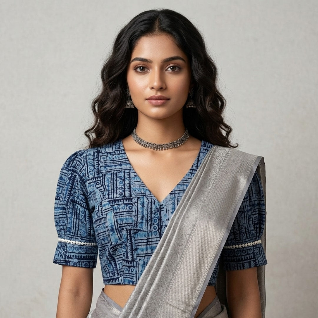 Light Blue Batik Print Readymade Blouse | Godhuli