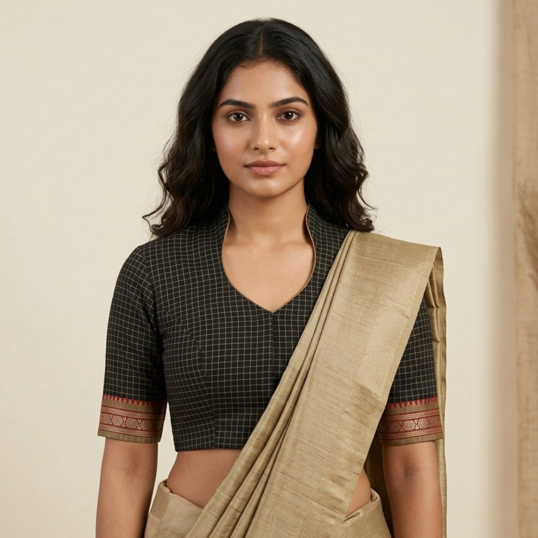 Black Olive Two Tone Checkered Readymade Blouse | Godhuli