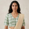 Olive green and white Checks Readymade Blouse | Godhuli