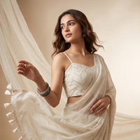 Ivory Embroidered Faux Mirror work Saree | Godhuli