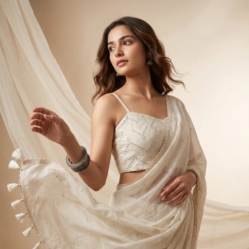 Ivory Embroidered Faux Mirror work Saree | Godhuli