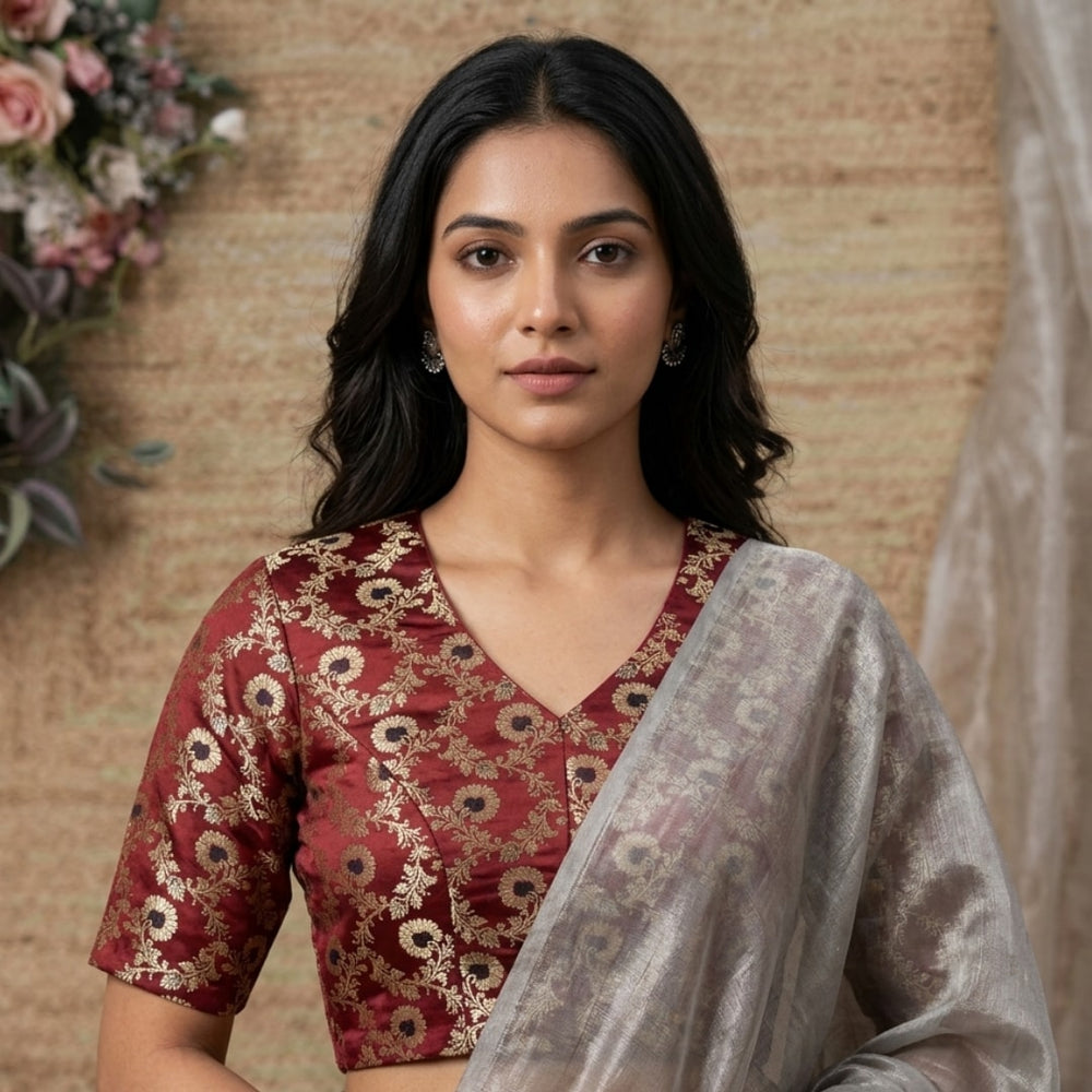 Maroon Black Banarasi Brocade Readymade Blouse | Godhuli