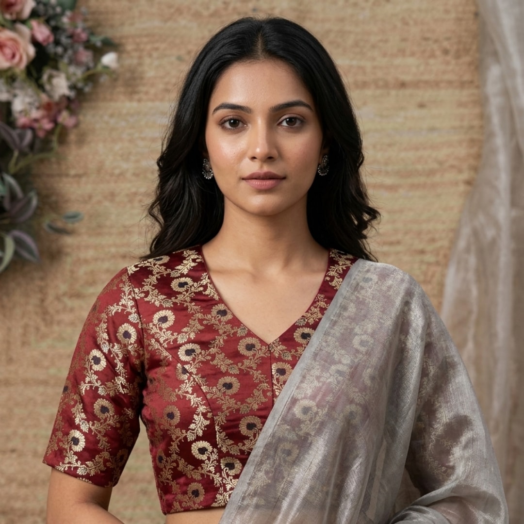 Maroon Black Banarasi Brocade Readymade Blouse | Godhuli