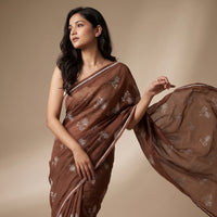 Buy Caramel Brown Embroidered Linen Saree | Godhuli