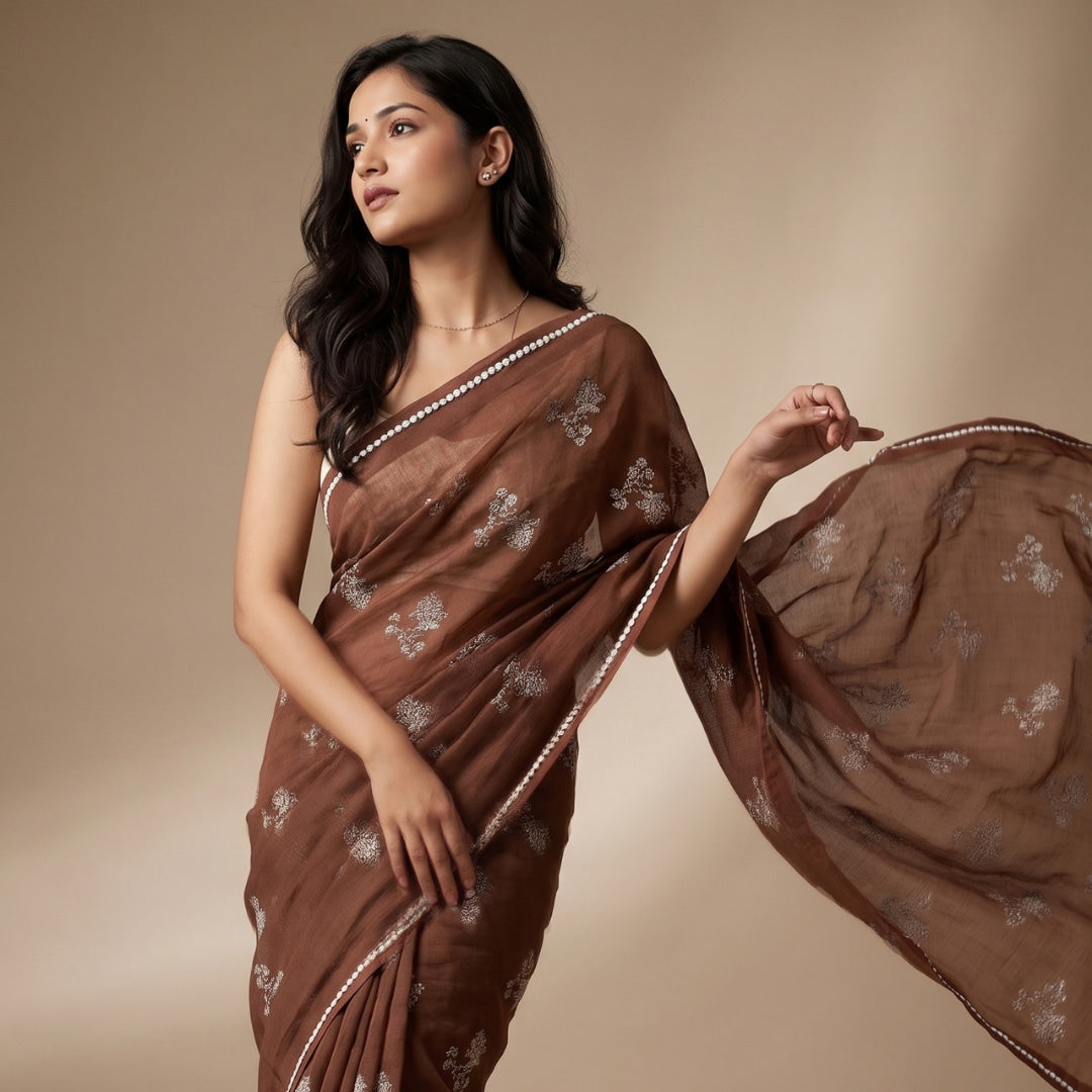 Buy Caramel Brown Embroidered Linen Saree | Godhuli