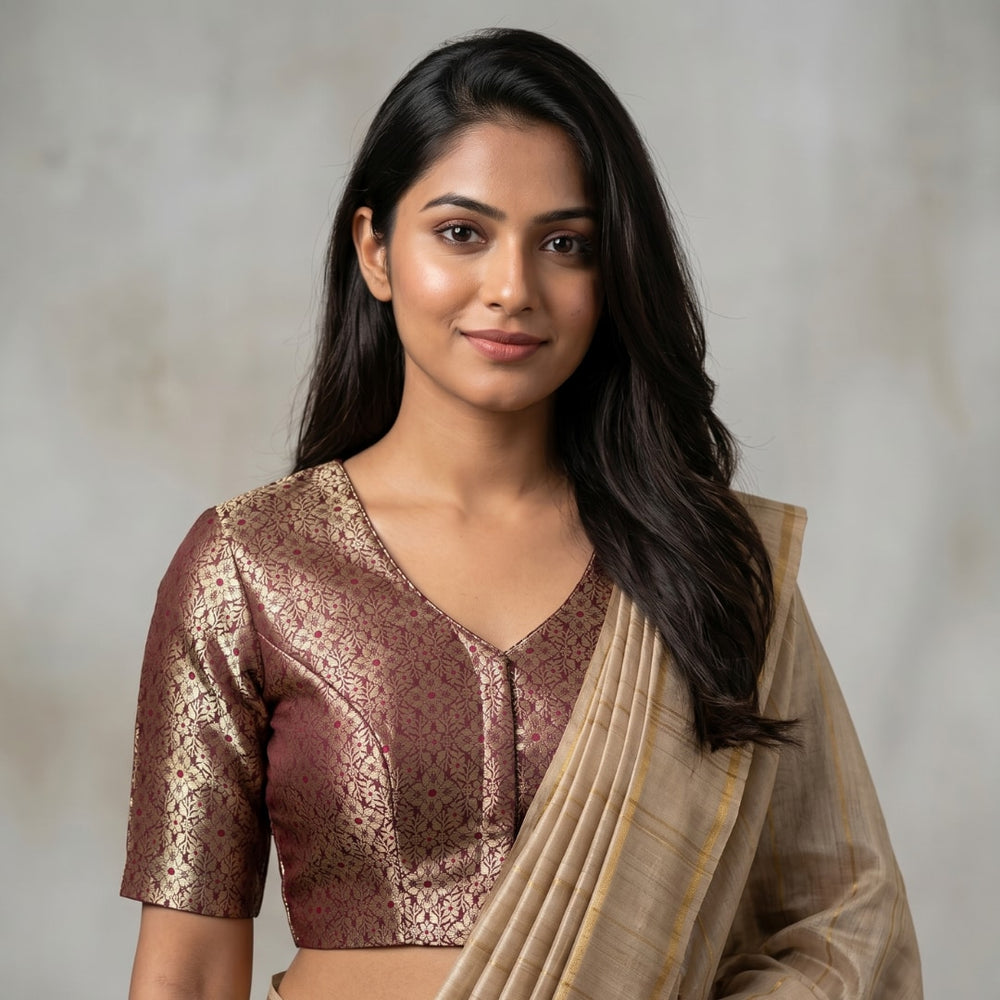 Wine Golden Banarasi Brocade Readymade Blouse | Godhuli