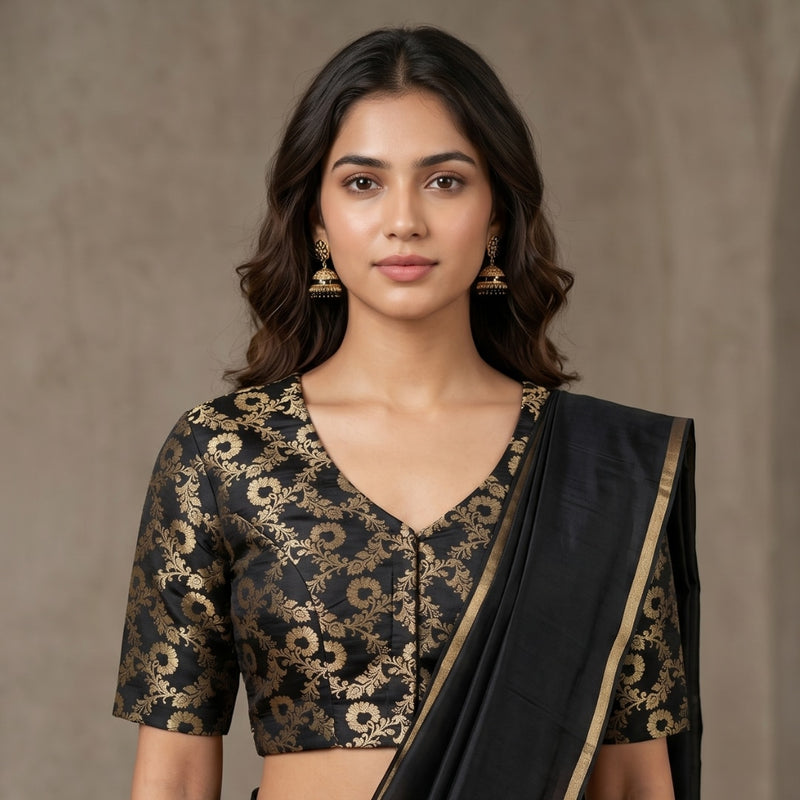 Black Floral Jaal Kimkhab Banarasi Brocade Readymade Blouse | Godhuli