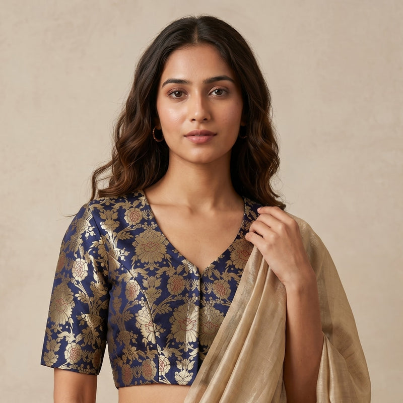 Royal Blue Floral Jaal Banarasi Brocade Readymade Blouse | Godhuli