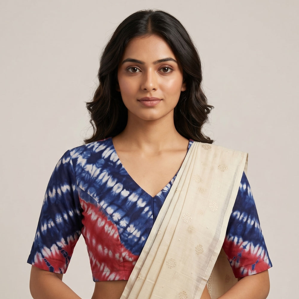 Coral Pink Blue Shibori Readymade Blouse | Godhuli