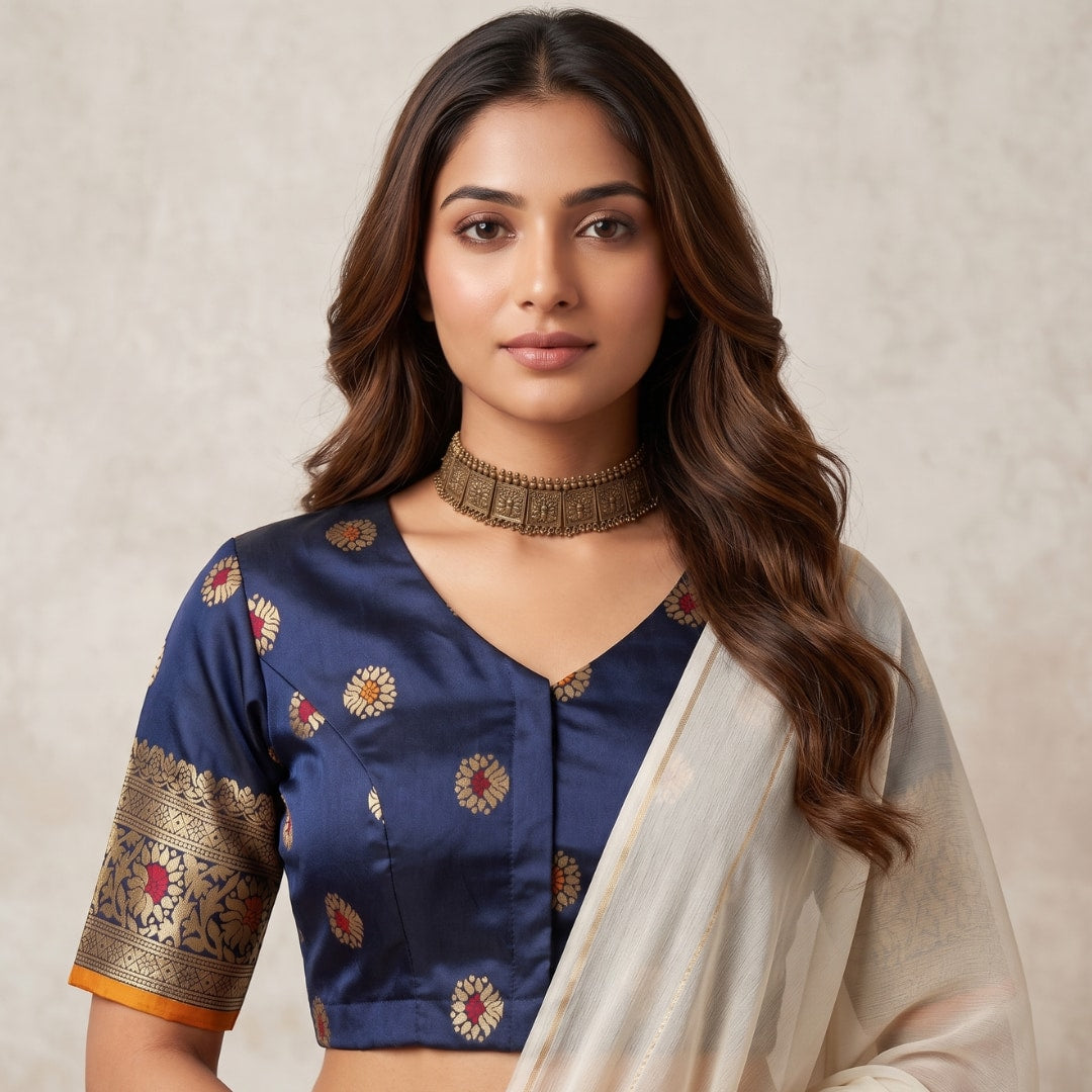 Navy Blue Semi Silk Brocade Readymade Blouse | Godhuli