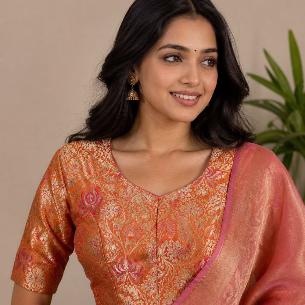 Tangerine Jaal Banarasi Brocade Readymade Blouse | Godhuli