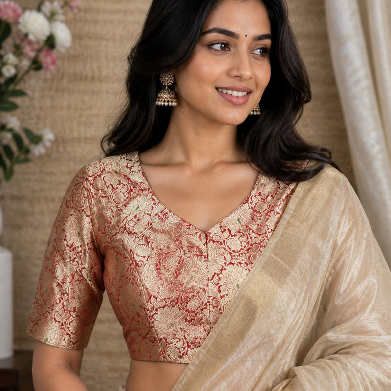 Red Banarasi Brocade Readymade Blouse | Godhuli