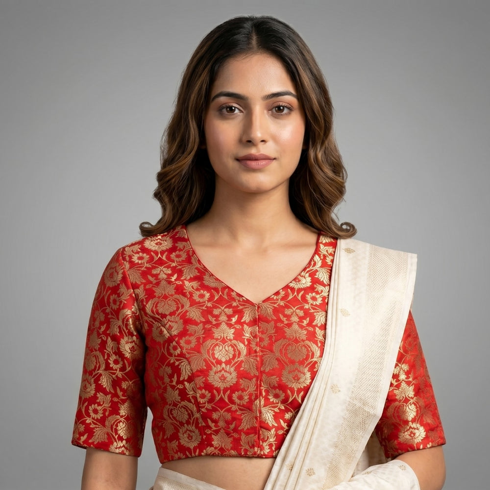 Bright Red Jaal Banarasi Brocade Readymade Blouse | Godhuli