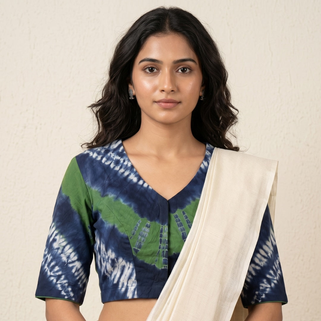 Blue Green Shibori Readymade Blouse | Godhuli