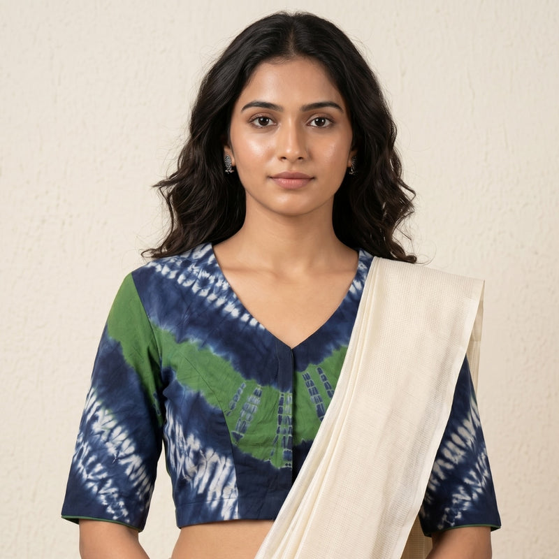 Blue Green Shibori Readymade Blouse | Godhuli