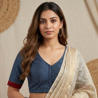 Navy Blue Gaji Silk Stripes Readymade Blouse | Godhuli