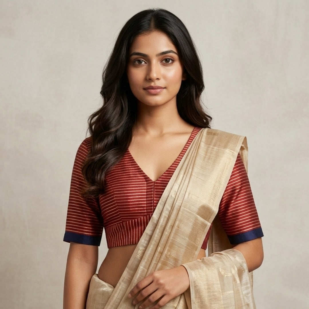 Maroon Gaji Silk Stripes Readymade Blouse | Godhuli