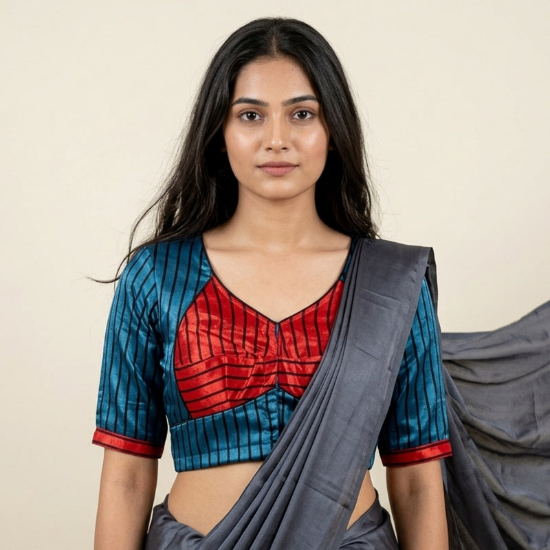 Greyish Blue Maroon Gaji Silk Choli Pattern Readymade Blouse | Godhuli