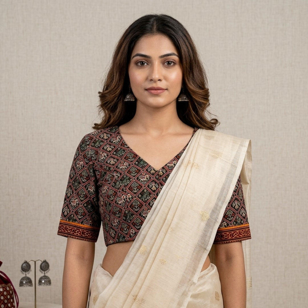 Black Cotton Patola Print Readymade Blouse | Godhuli