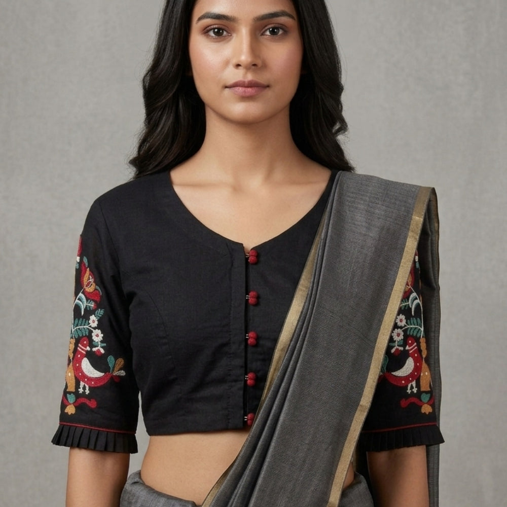 Black Embroidered Flex linen Cotton Readymade Blouse | Godhuli