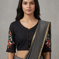 Black Embroidered Flex linen Cotton Readymade Blouse | Godhuli