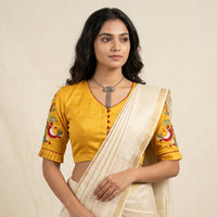 Yellow Cotton Readymade Blouse with Embroidered Sleeves | Godhuli