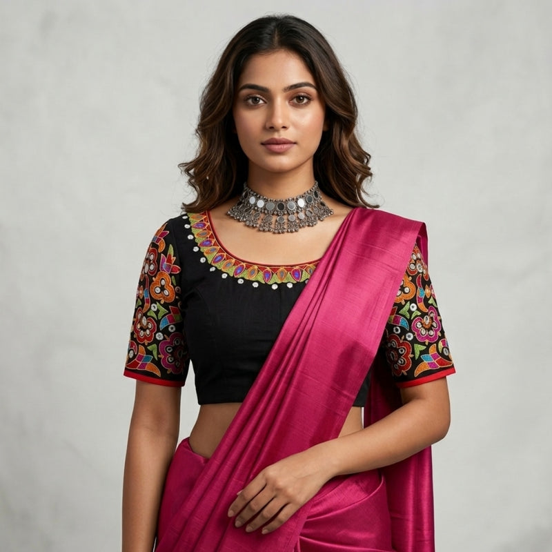 Multicoloured Embroidered Black Mirror work Readymade Blouse | Godhuli
