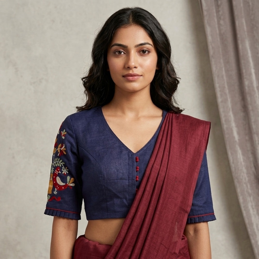 Navy Blue Embroidered Flex Cotton Readymade Blouse | Godhuli
