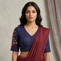 Navy Blue Embroidered Flex Cotton Readymade Blouse | Godhuli
