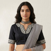 Black Readymade Blouse in off white Aari work Embroidery | Godhuli