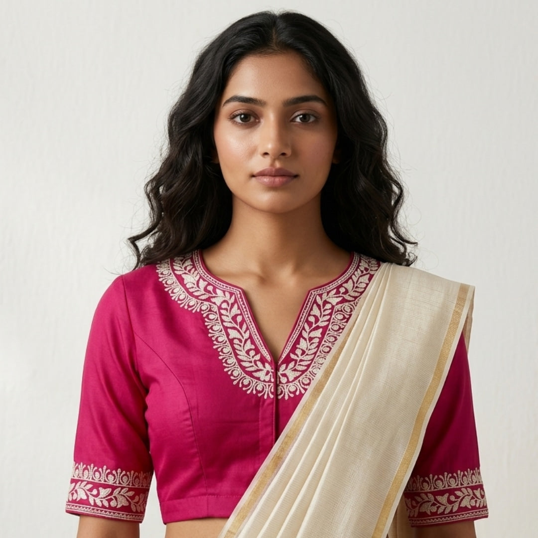 Rani Readymade Blouse in off white Aari work Embroidery | Godhuli