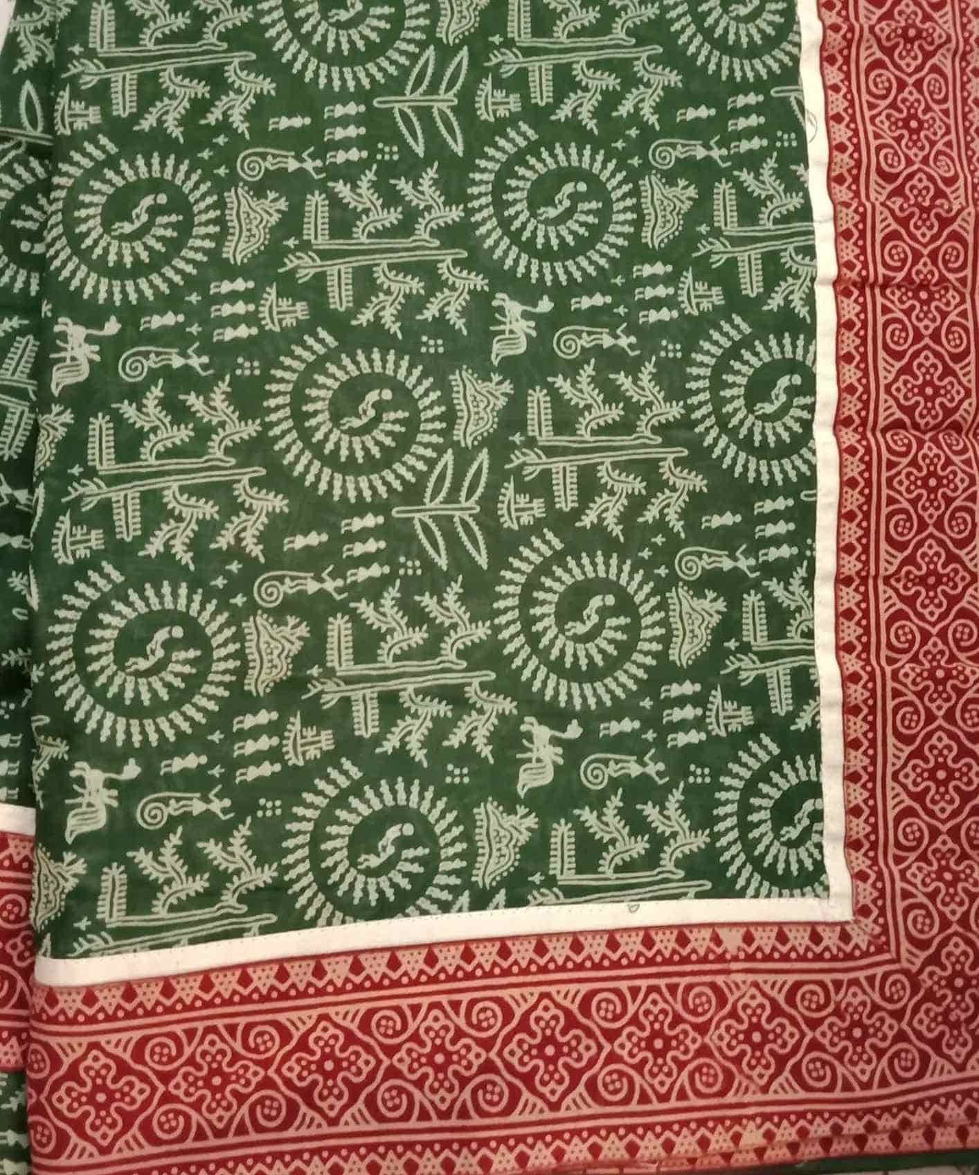 Buy Green Warli Hand Block Print Mulmul Saree | Godhuli