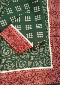 Buy Green Warli Hand Block Print Mulmul Saree | Godhuli