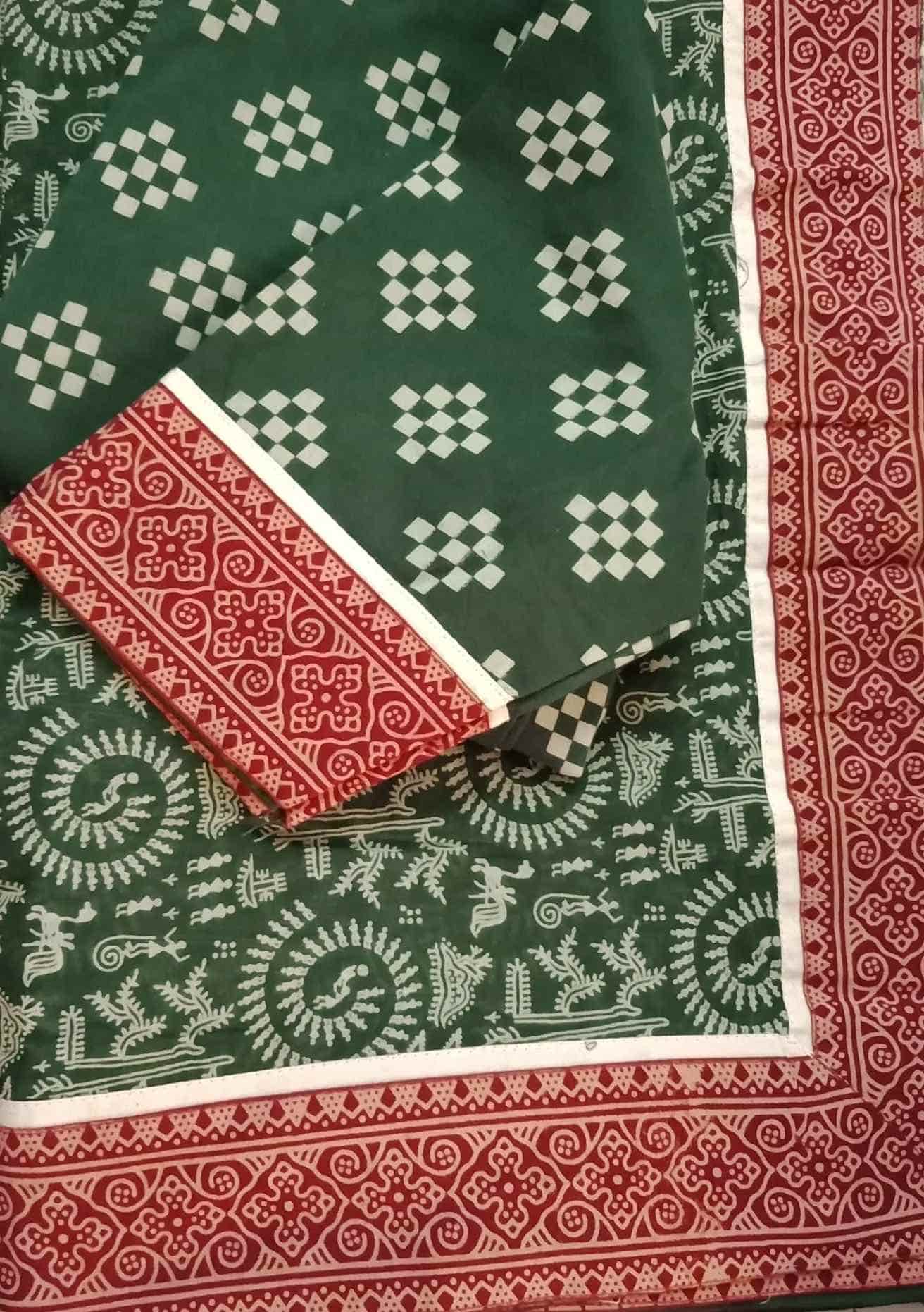 Buy Green Warli Hand Block Print Mulmul Saree | Godhuli